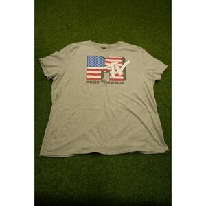 MTV T-Shirt Men's 2XL‎ Gray American Flag Logo Short Sleeve Crew Neck Pullover